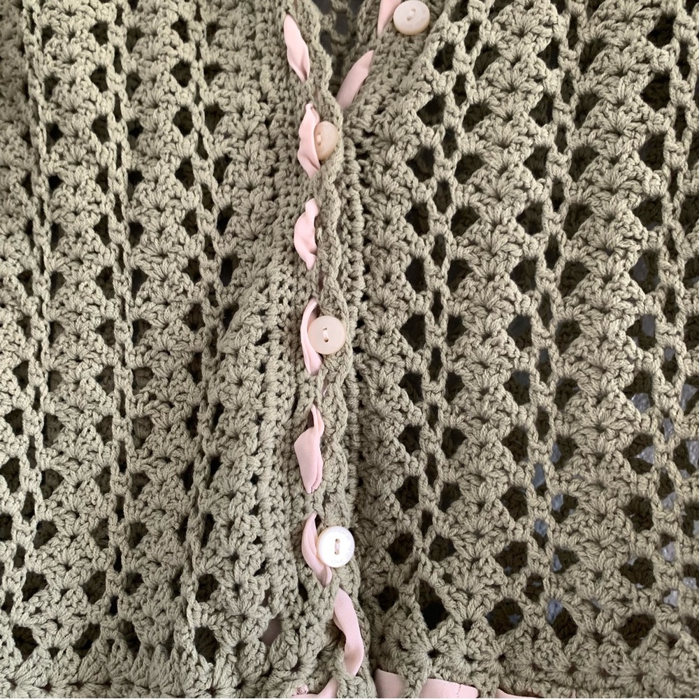 Olive Green Crochet Sweater with Pink Accents - Picture 2 of 8